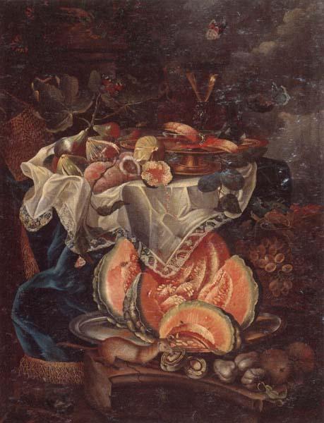 unknow artist Still life of grapes,sweet breads and a glass of wine upon a gilt tazza,set upon a table draped with a blue rug,together with figs and peaches,beneath China oil painting art